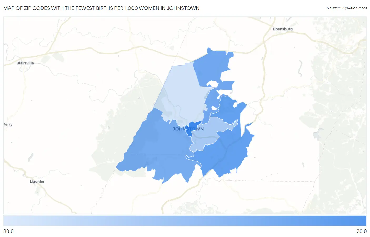 Zip Codes with the Fewest Births per 1,000 Women in Johnstown Map
