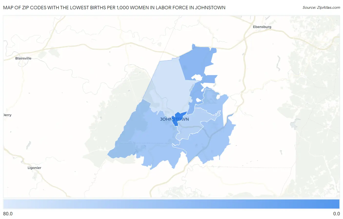 Zip Codes with the Lowest Births per 1,000 Women in Labor Force in Johnstown Map