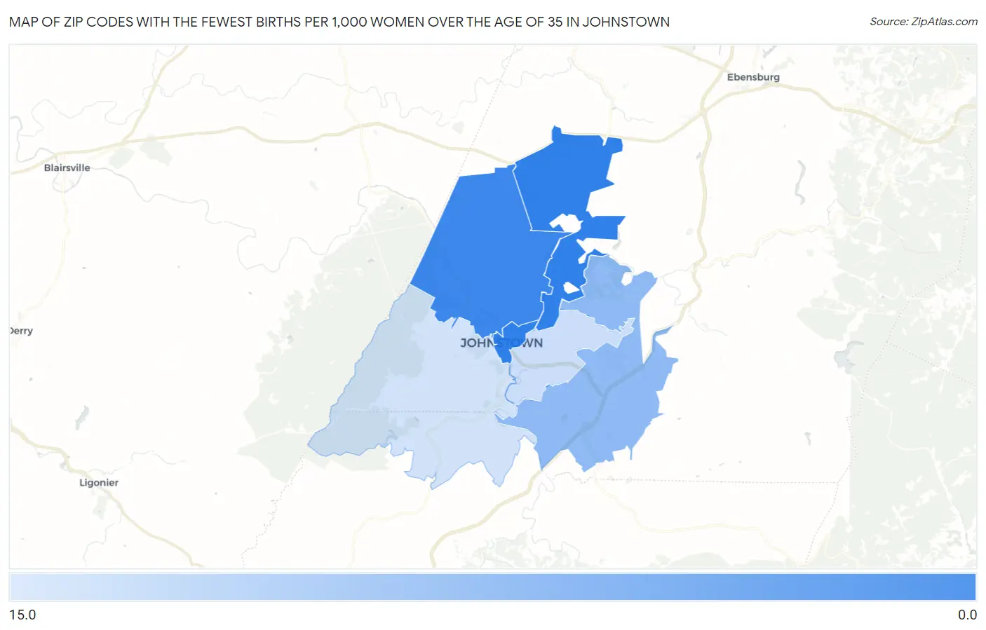 Zip Codes with the Fewest Births per 1,000 Women Over the Age of 35 in Johnstown Map