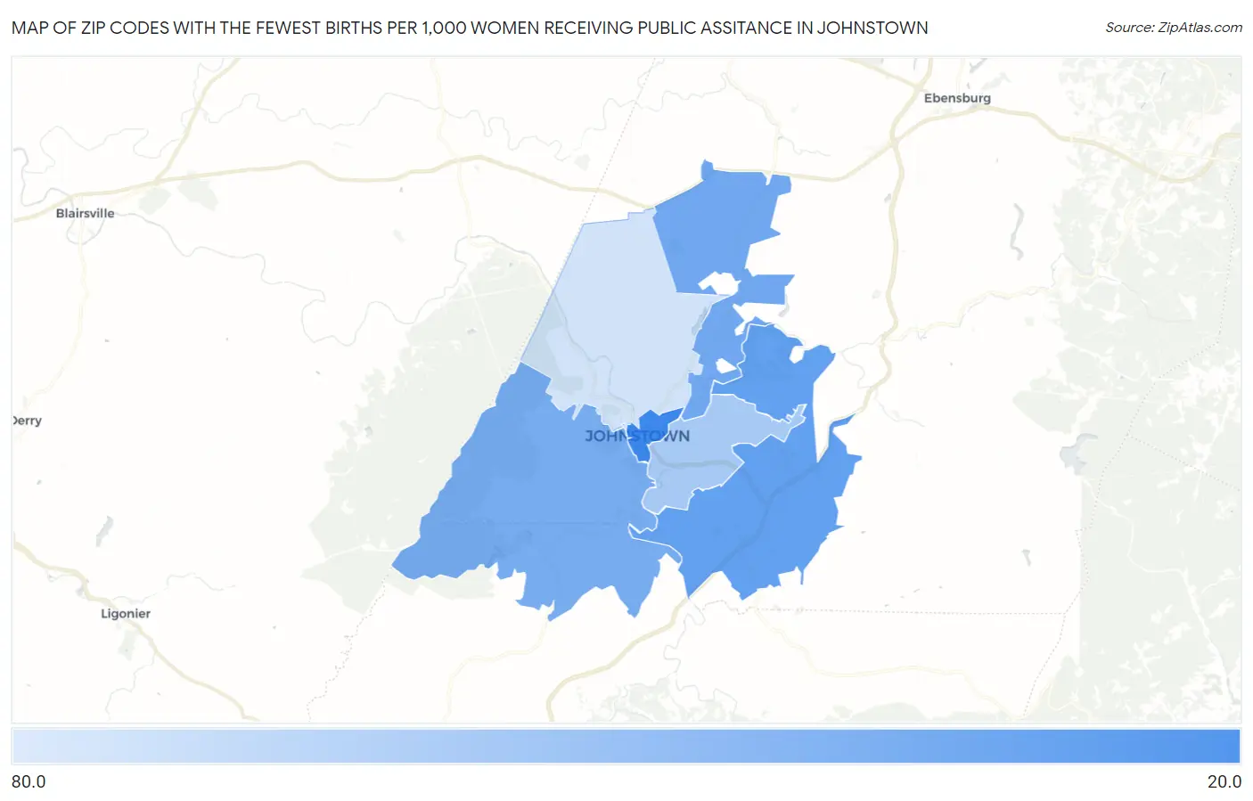 Zip Codes with the Fewest Births per 1,000 Women Receiving Public Assitance in Johnstown Map