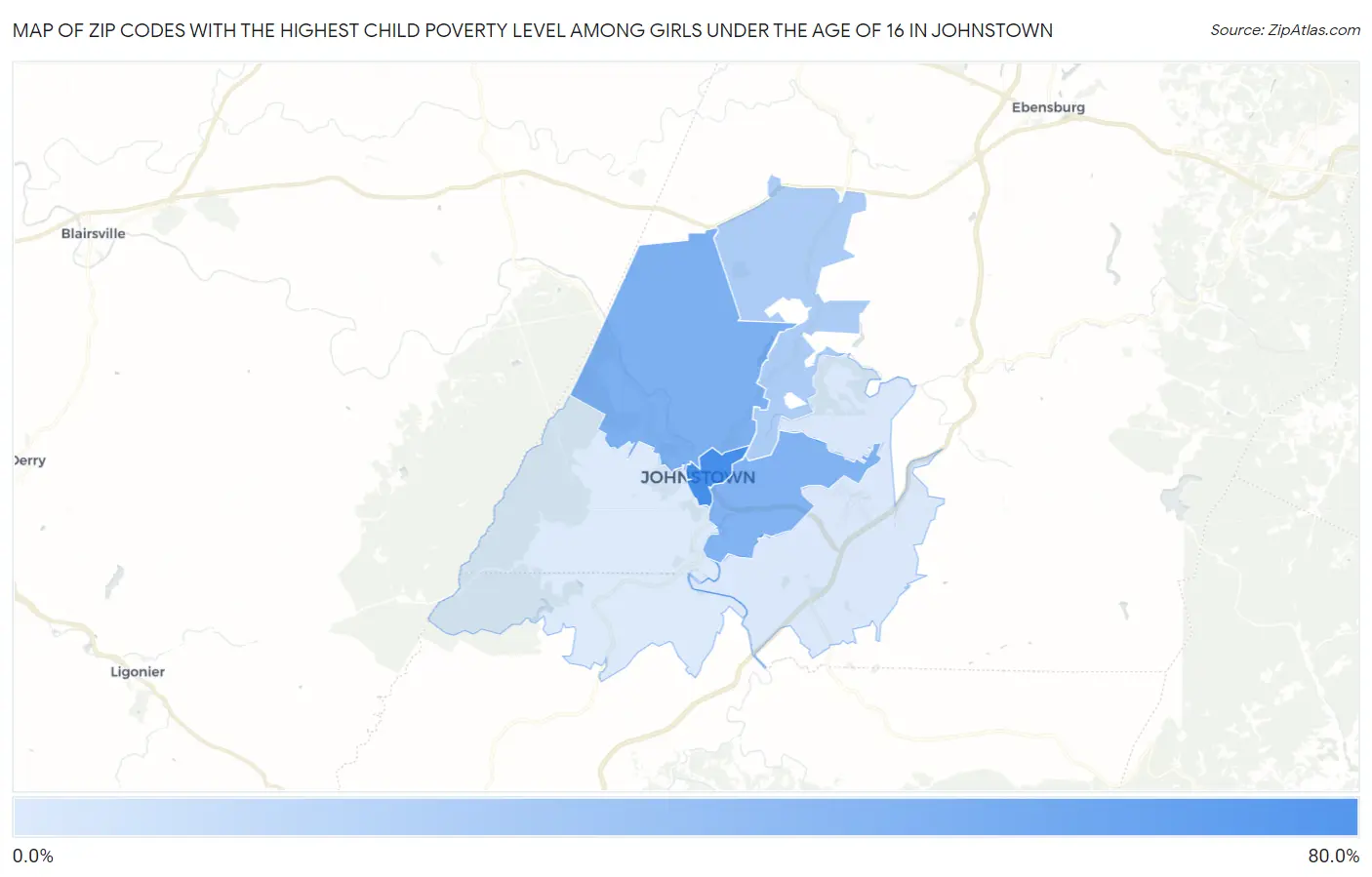 Zip Codes with the Highest Child Poverty Level Among Girls Under the Age of 16 in Johnstown Map