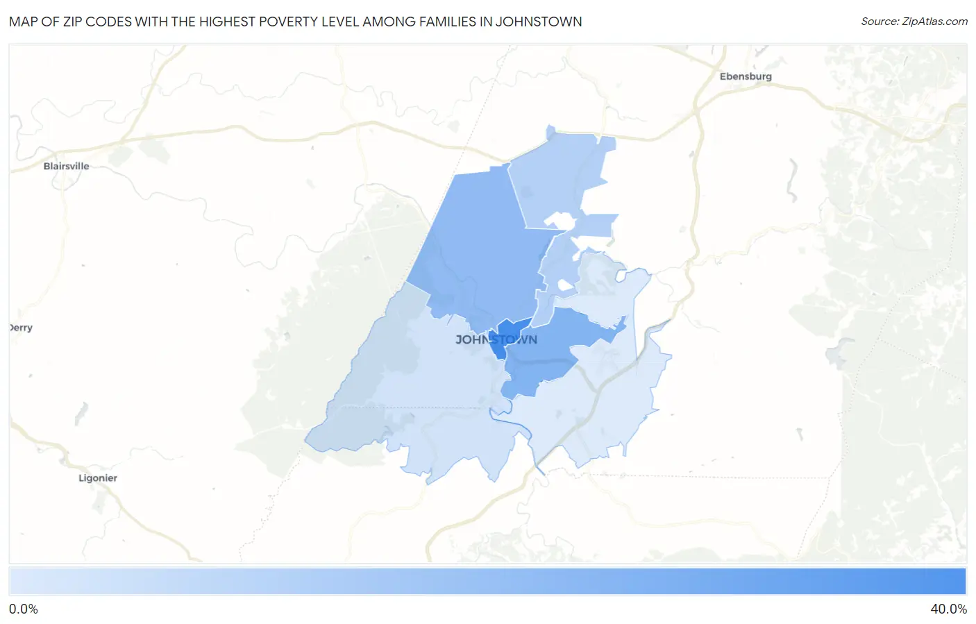Zip Codes with the Highest Poverty Level Among Families in Johnstown Map