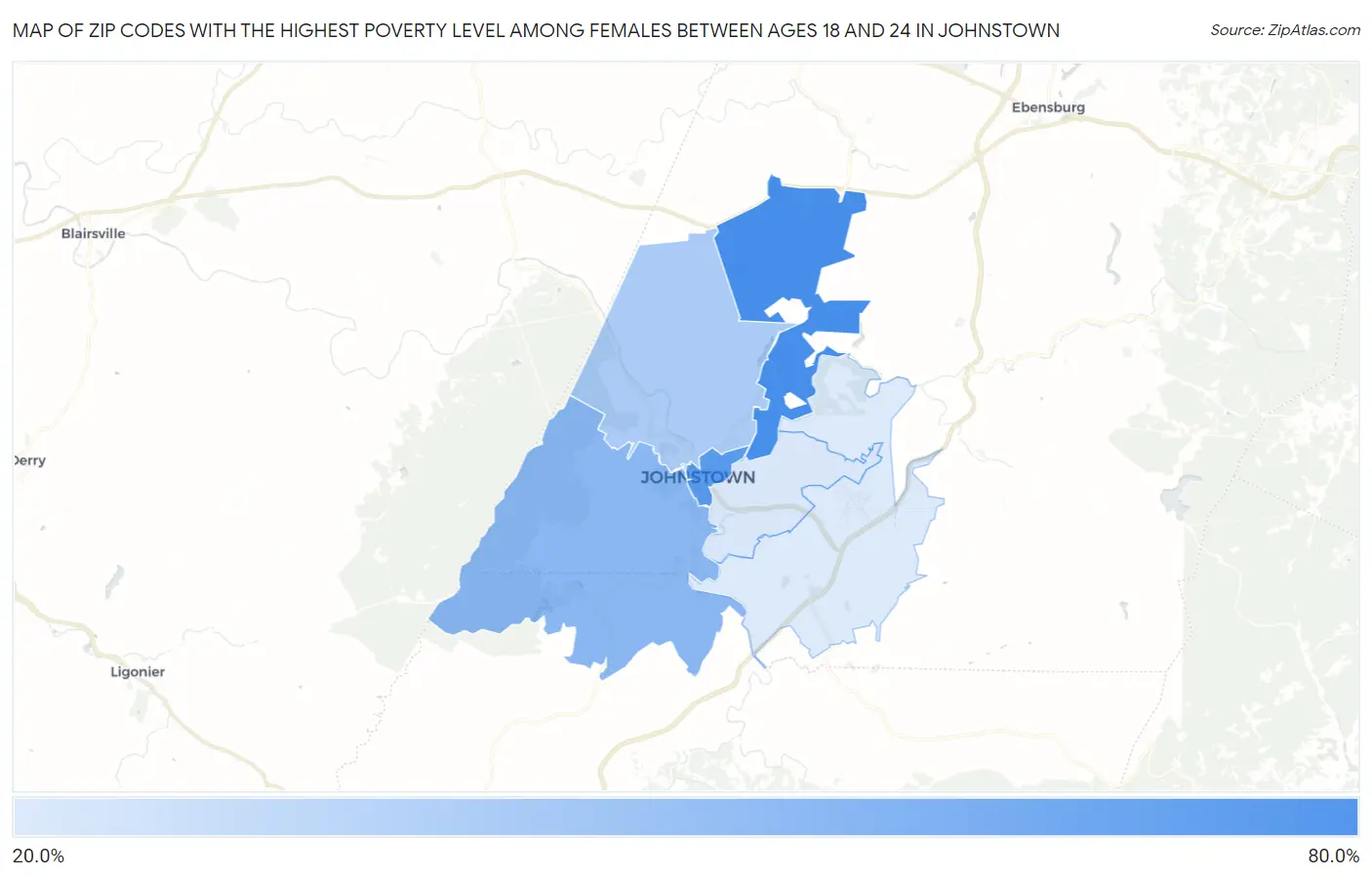 Zip Codes with the Highest Poverty Level Among Females Between Ages 18 and 24 in Johnstown Map