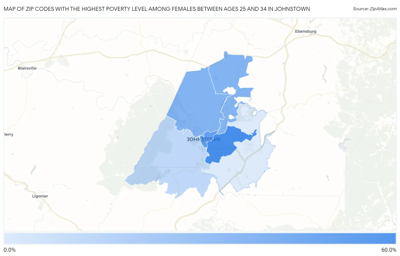 Zip Codes with the Highest Poverty Level Among Females Between Ages 25 and 34 in Johnstown Map