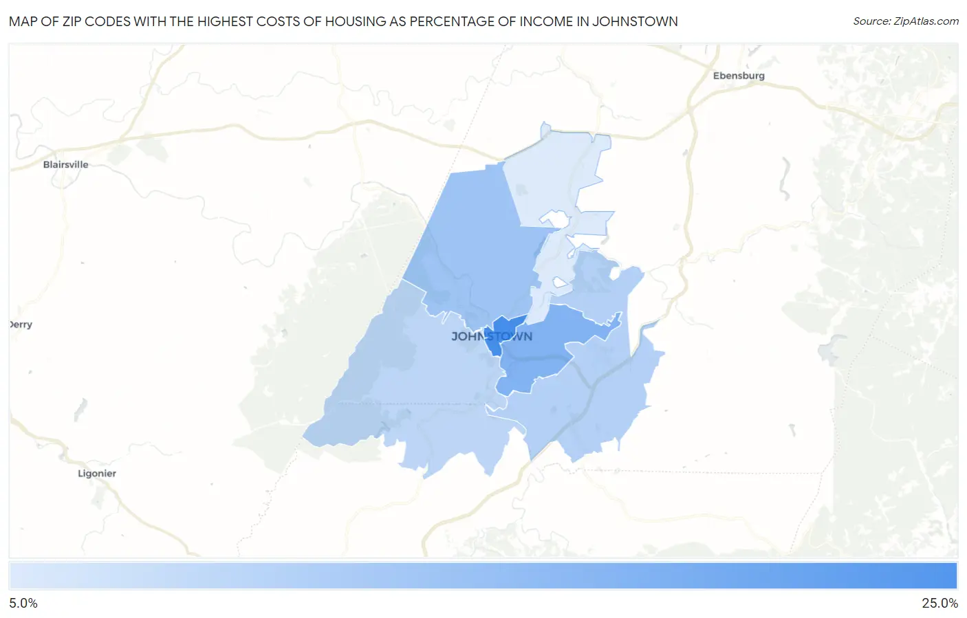 Zip Codes with the Highest Costs of Housing as Percentage of Income in Johnstown Map