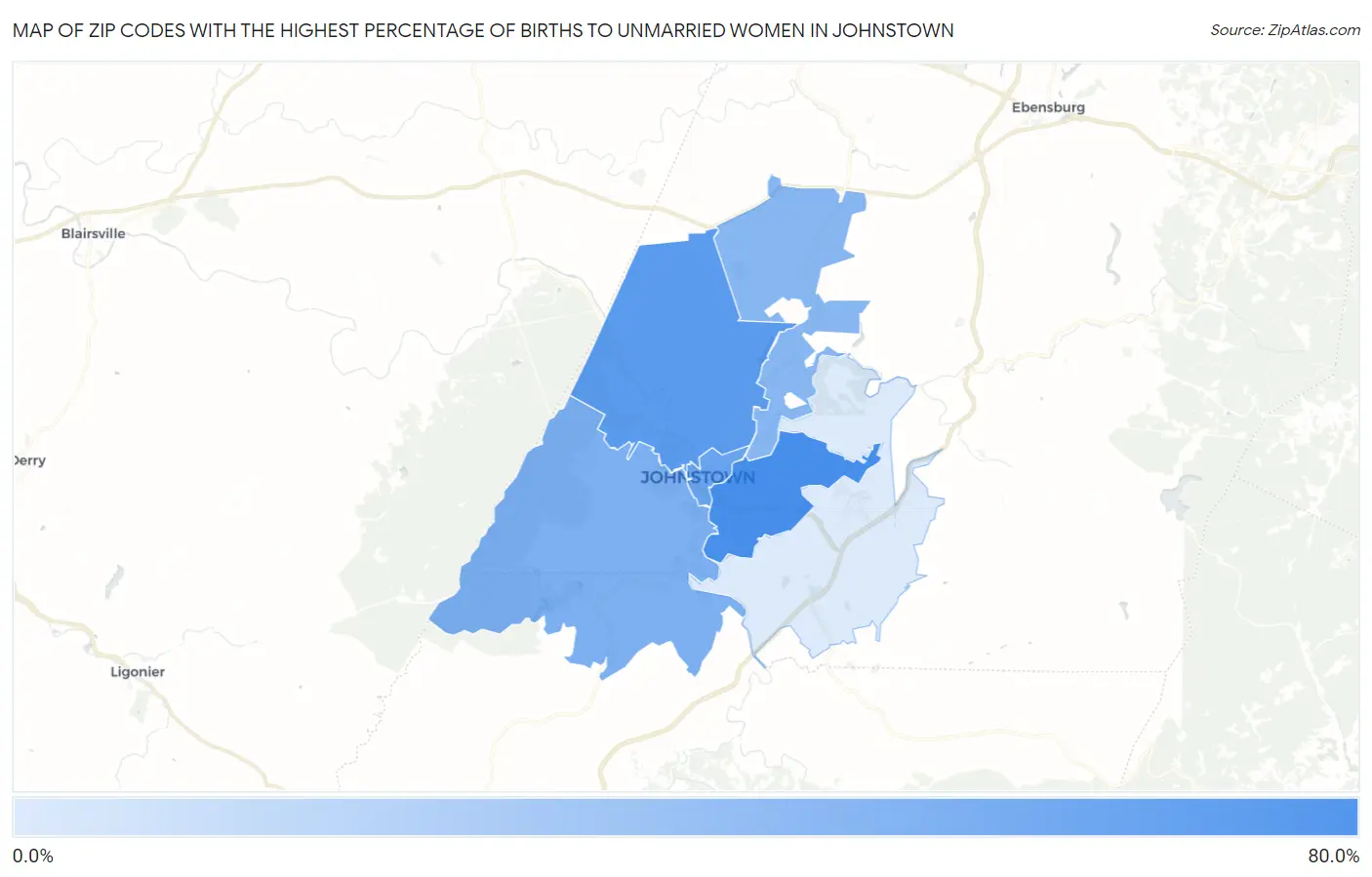 Zip Codes with the Highest Percentage of Births to Unmarried Women in Johnstown Map