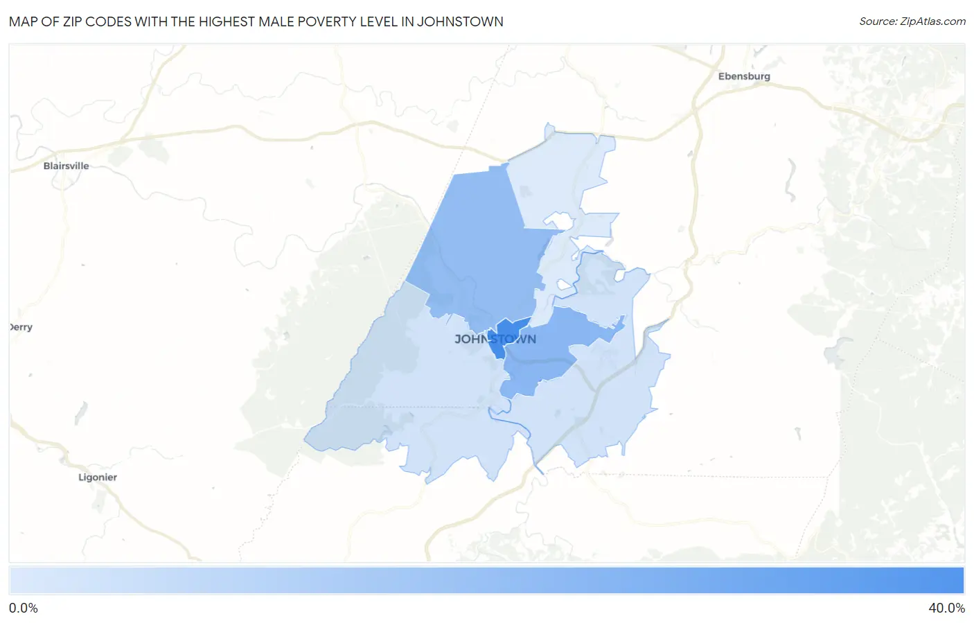 Zip Codes with the Highest Male Poverty Level in Johnstown Map