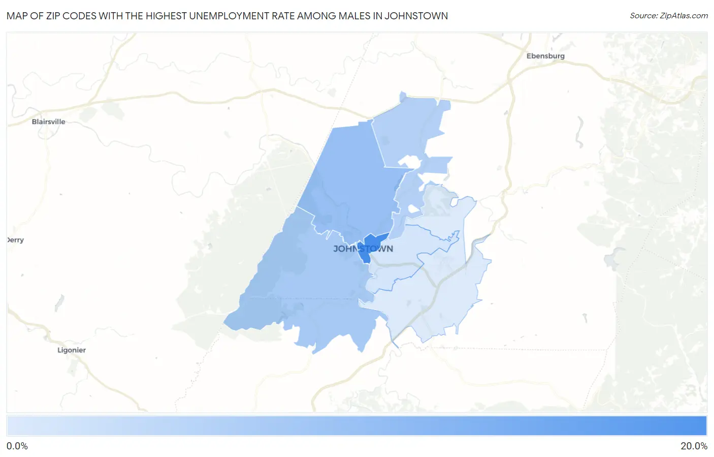 Zip Codes with the Highest Unemployment Rate Among Males in Johnstown Map