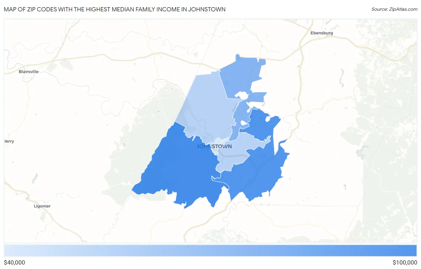 Zip Codes with the Highest Median Family Income in Johnstown Map