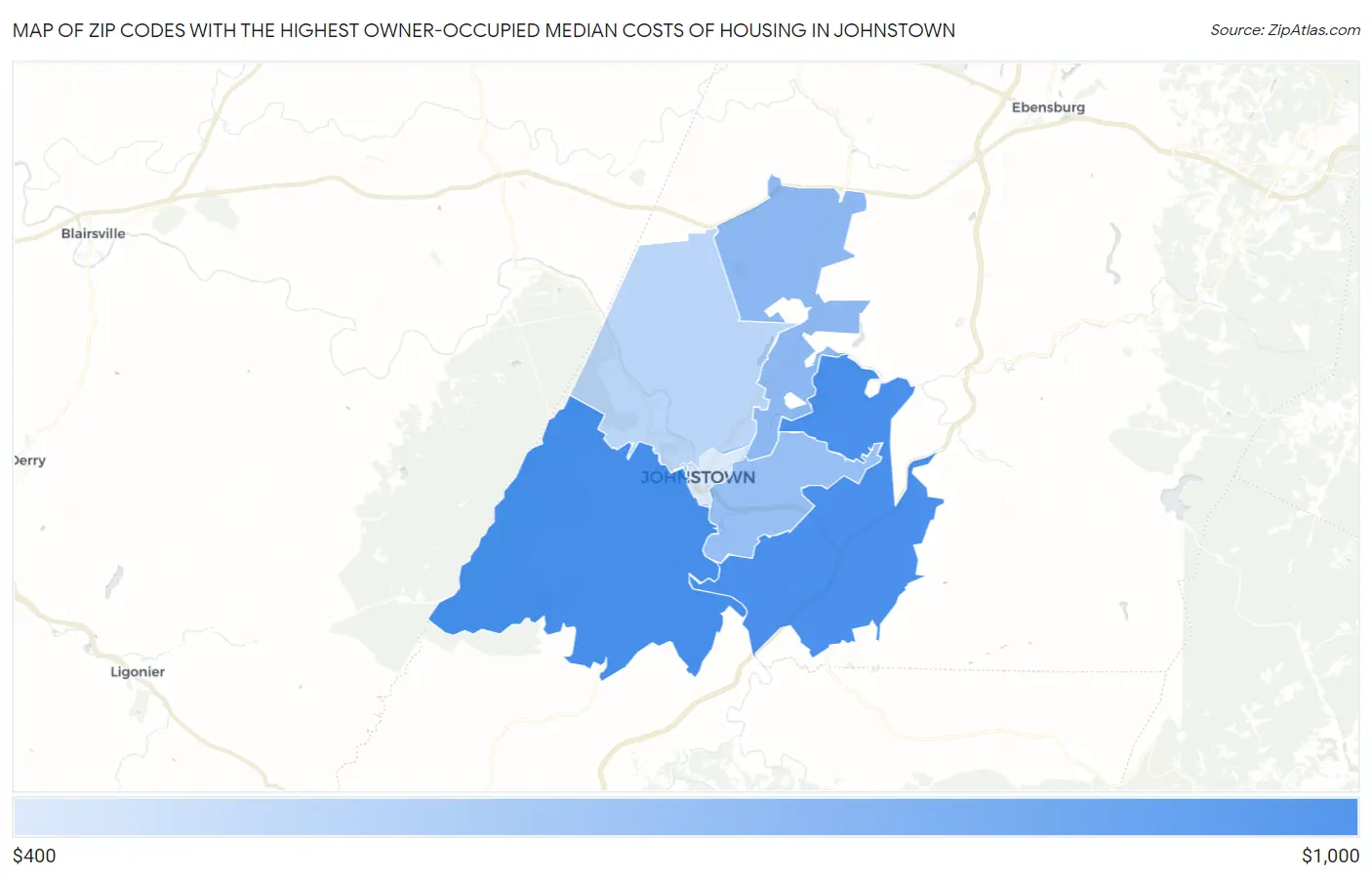 Zip Codes with the Highest Owner-Occupied Median Costs of Housing in Johnstown Map