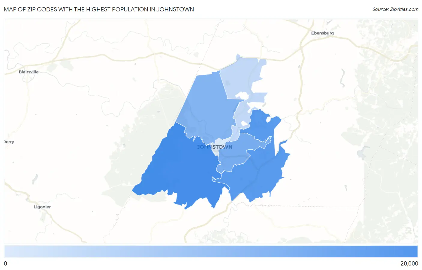 Zip Codes with the Highest Population in Johnstown Map