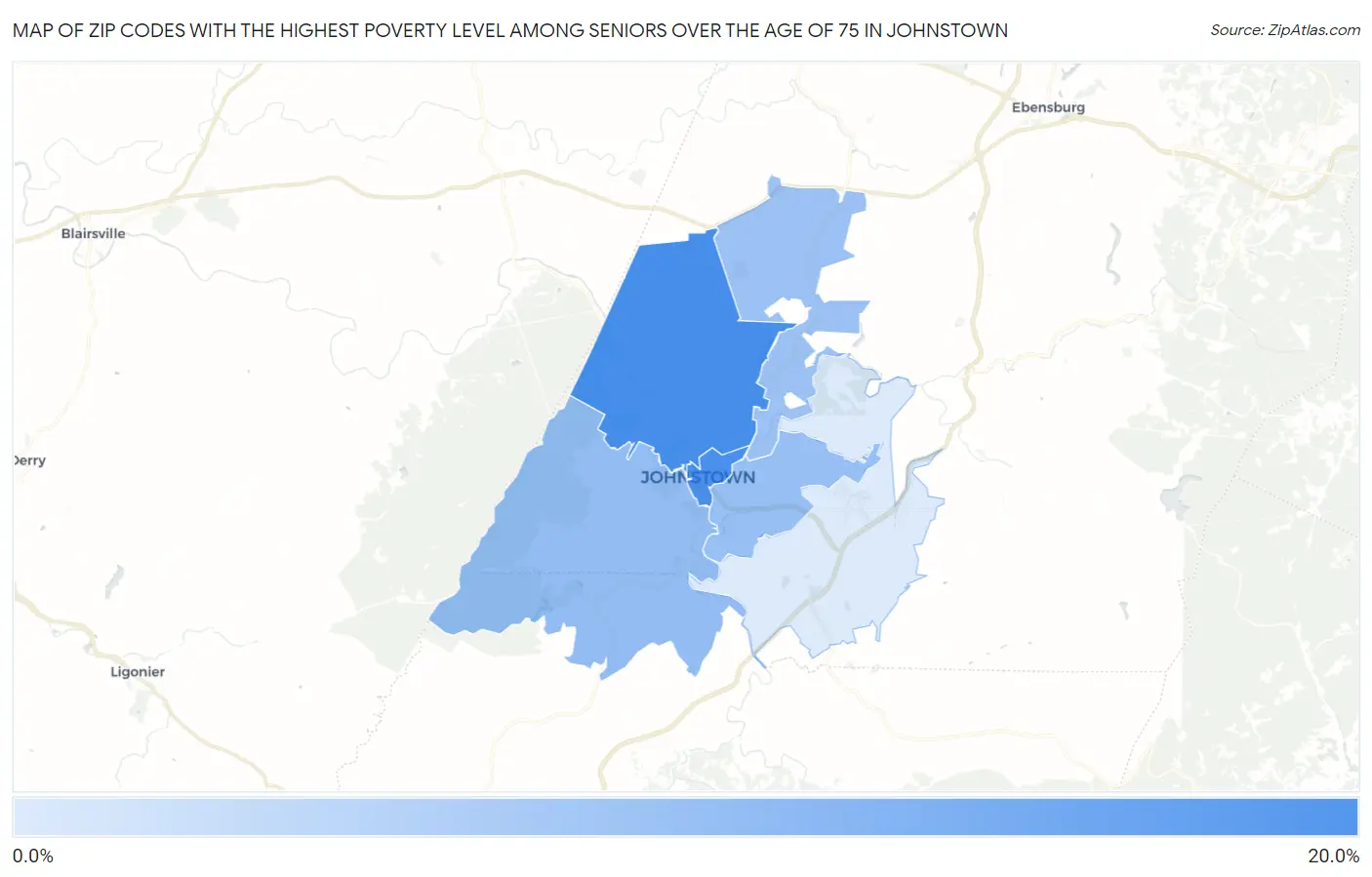 Zip Codes with the Highest Poverty Level Among Seniors Over the Age of 75 in Johnstown Map