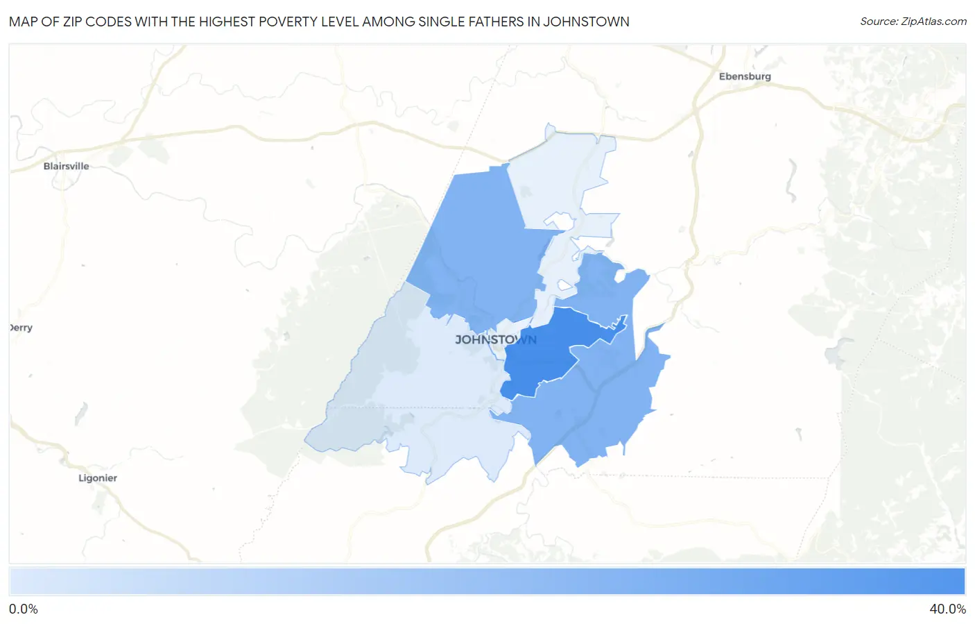 Zip Codes with the Highest Poverty Level Among Single Fathers in Johnstown Map