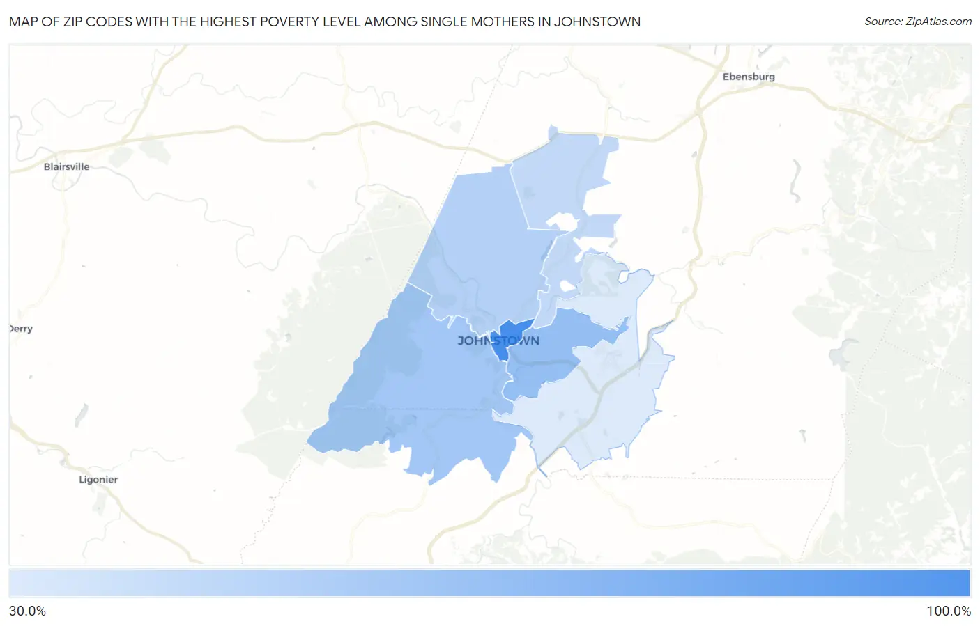 Zip Codes with the Highest Poverty Level Among Single Mothers in Johnstown Map