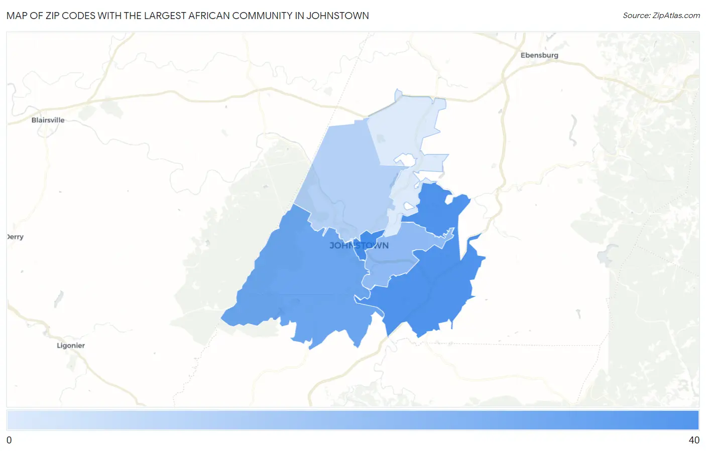 Zip Codes with the Largest African Community in Johnstown Map