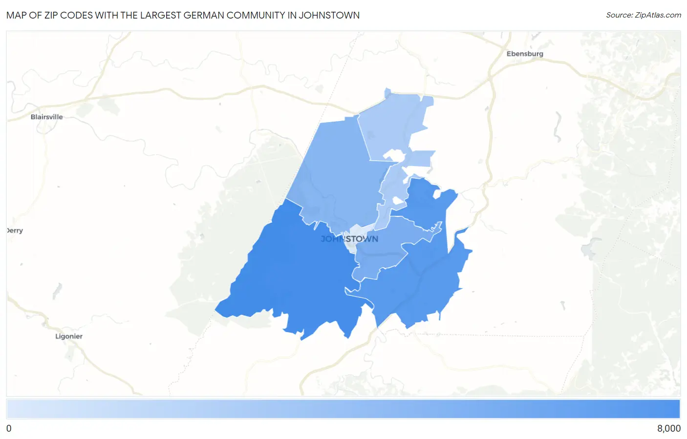 Zip Codes with the Largest German Community in Johnstown Map