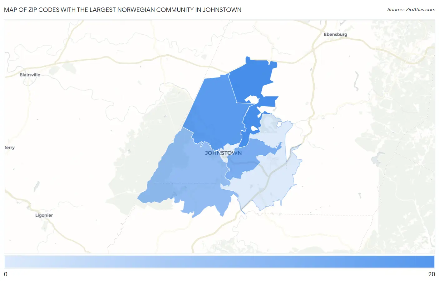 Zip Codes with the Largest Norwegian Community in Johnstown Map