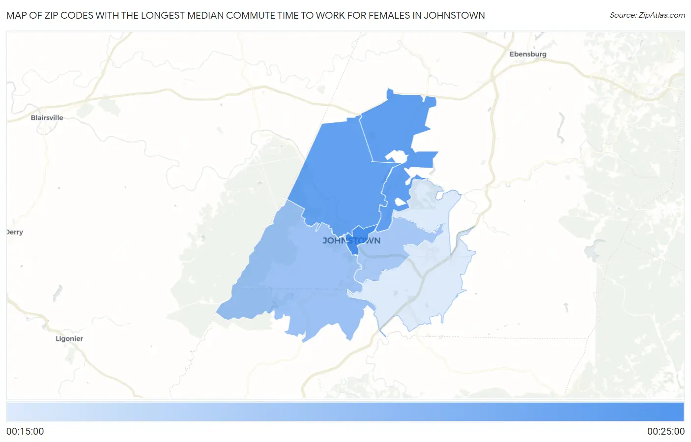 Zip Codes with the Longest Median Commute Time to Work for Females in Johnstown Map