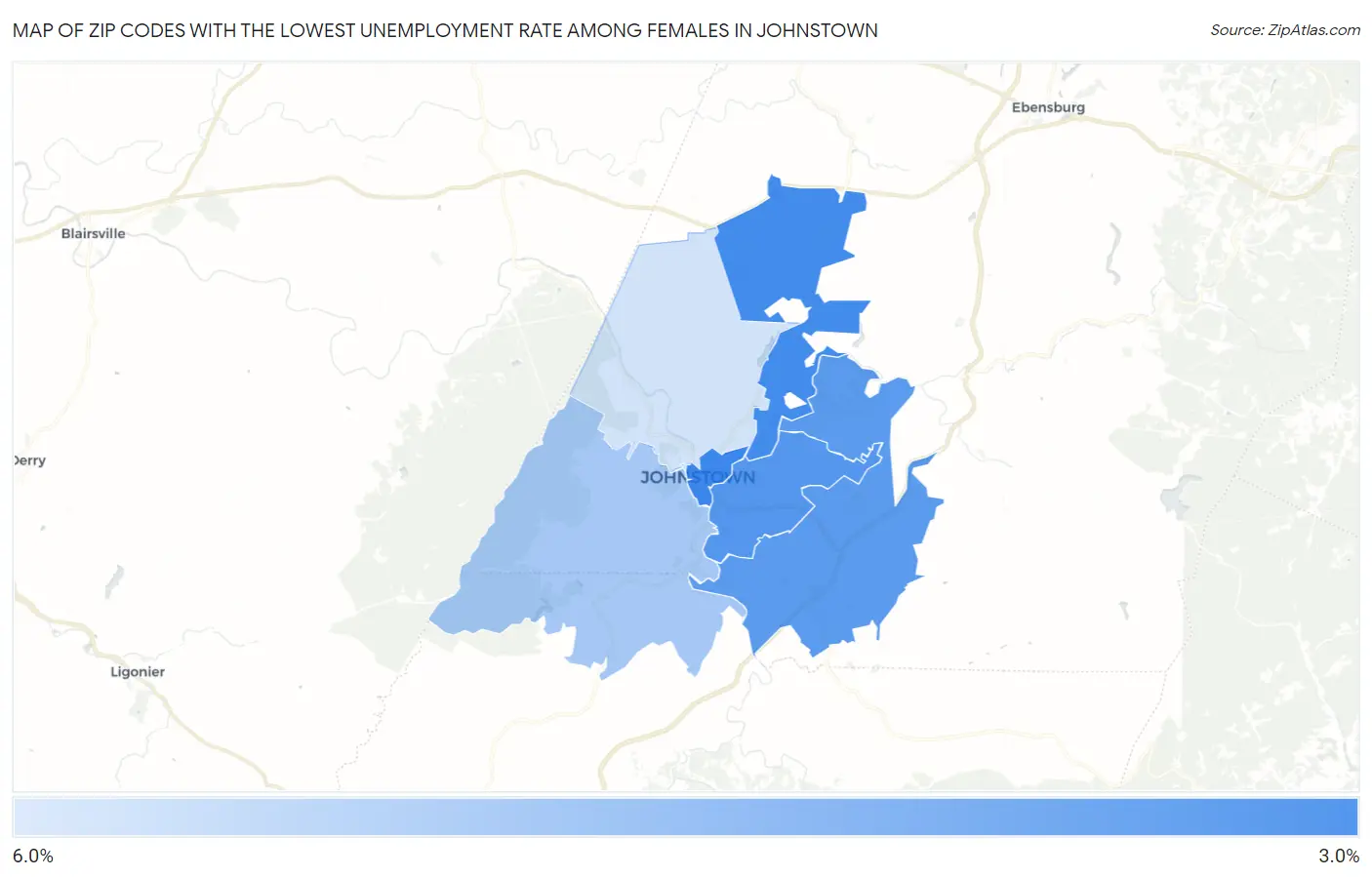 Zip Codes with the Lowest Unemployment Rate Among Females in Johnstown Map