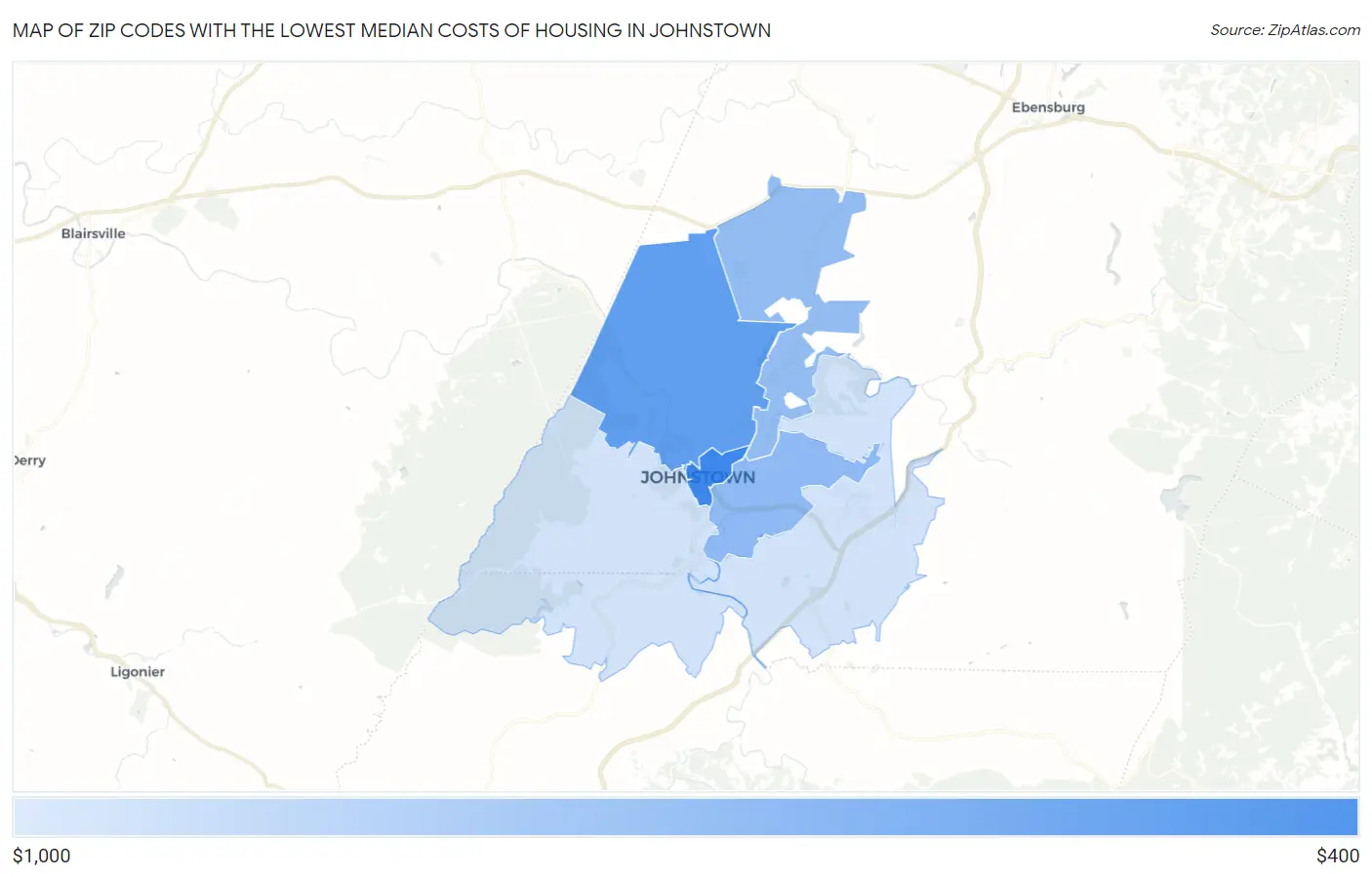 Zip Codes with the Lowest Median Costs of Housing in Johnstown Map