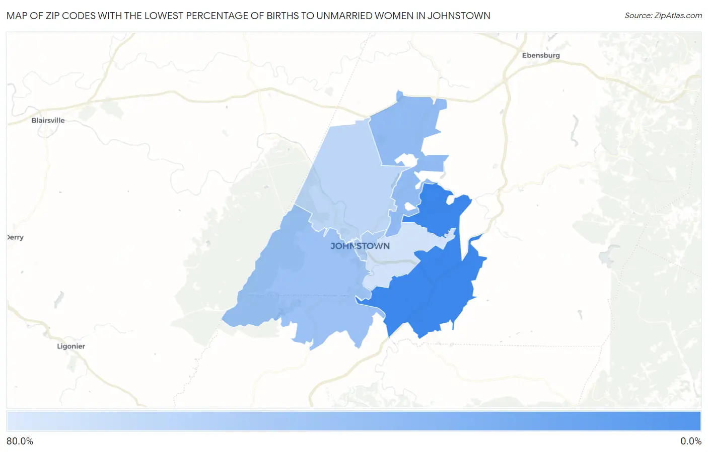 Zip Codes with the Lowest Percentage of Births to Unmarried Women in Johnstown Map