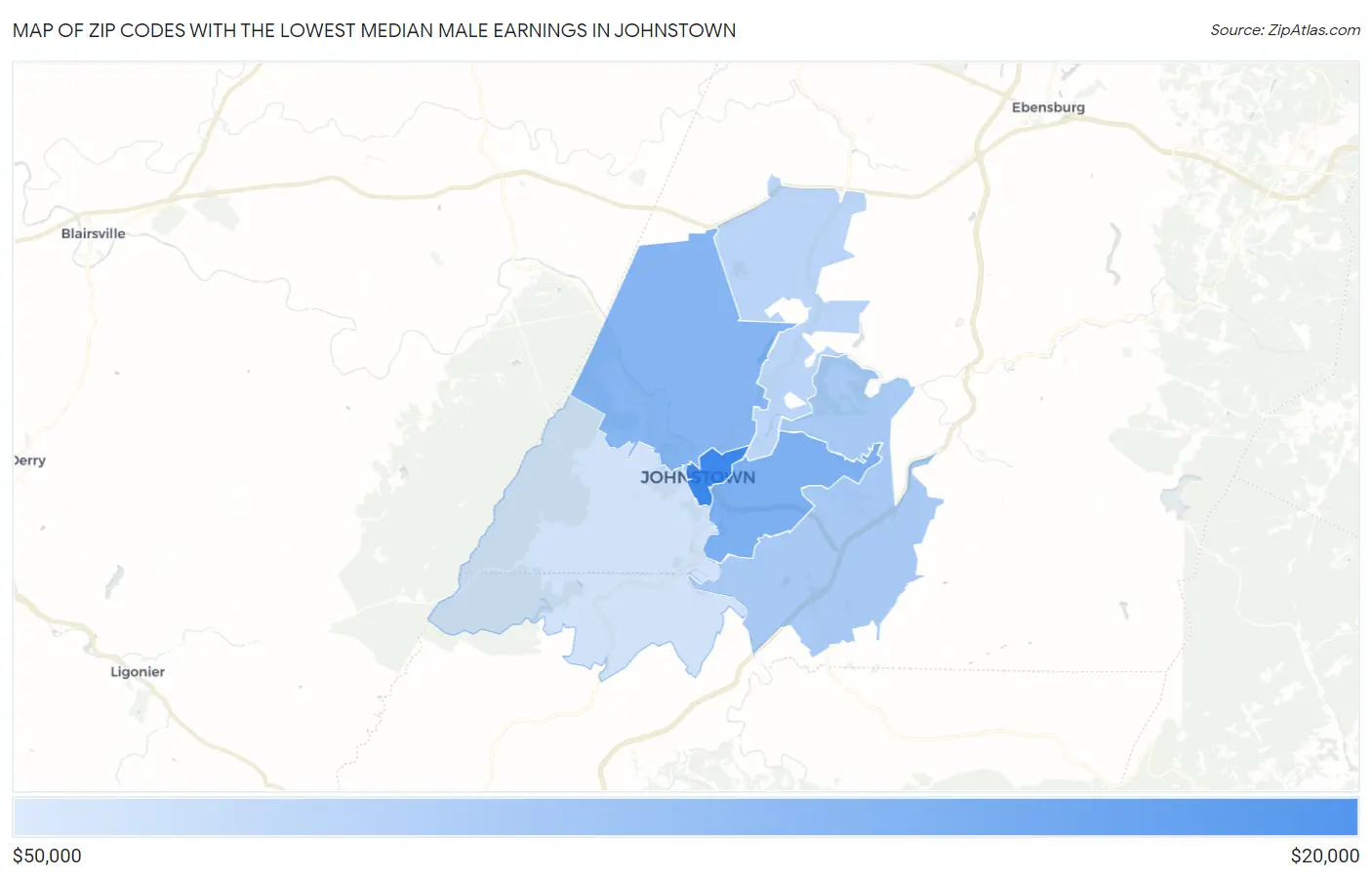 Zip Codes with the Lowest Median Male Earnings in Johnstown Map