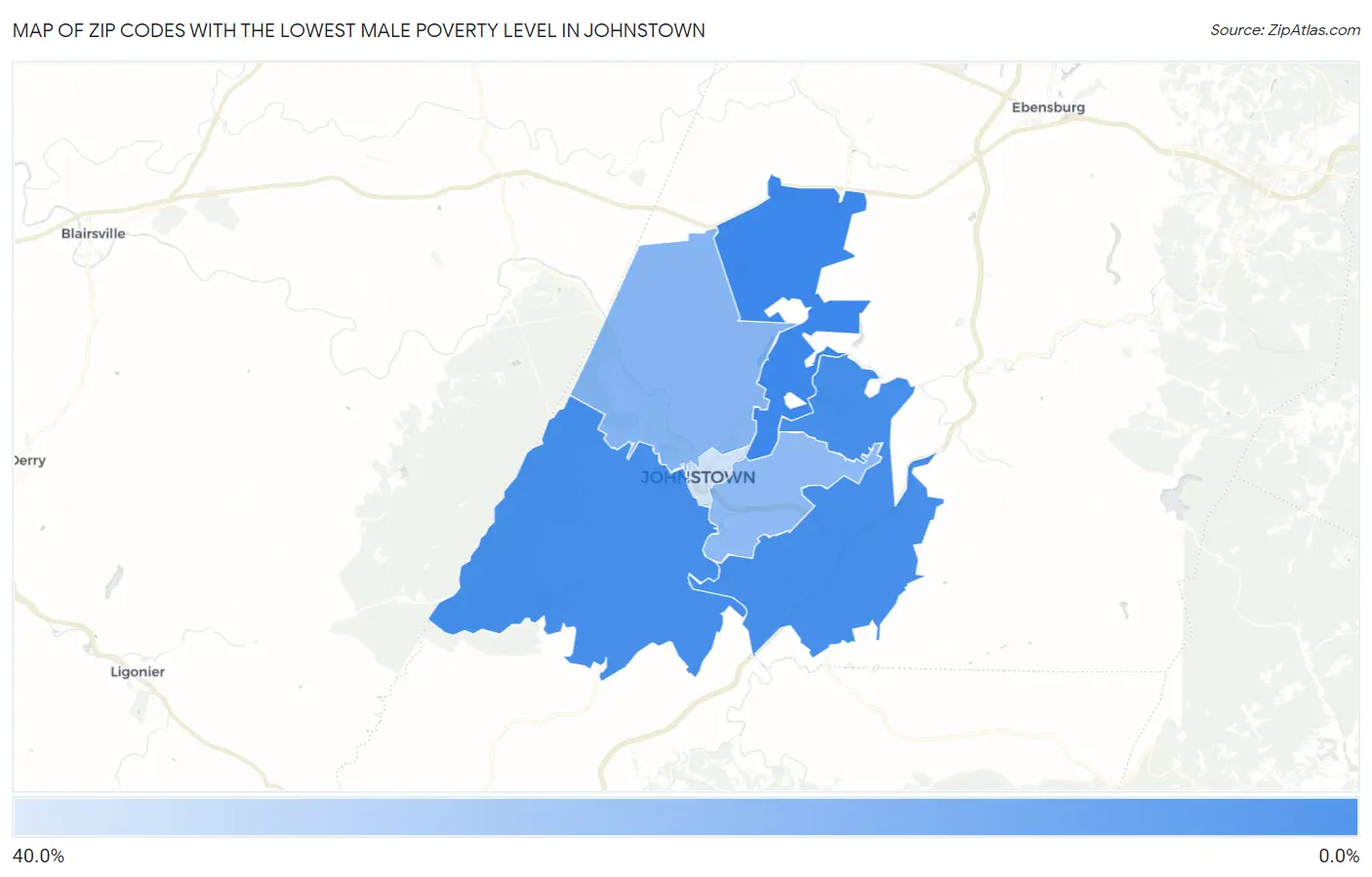 Zip Codes with the Lowest Male Poverty Level in Johnstown Map