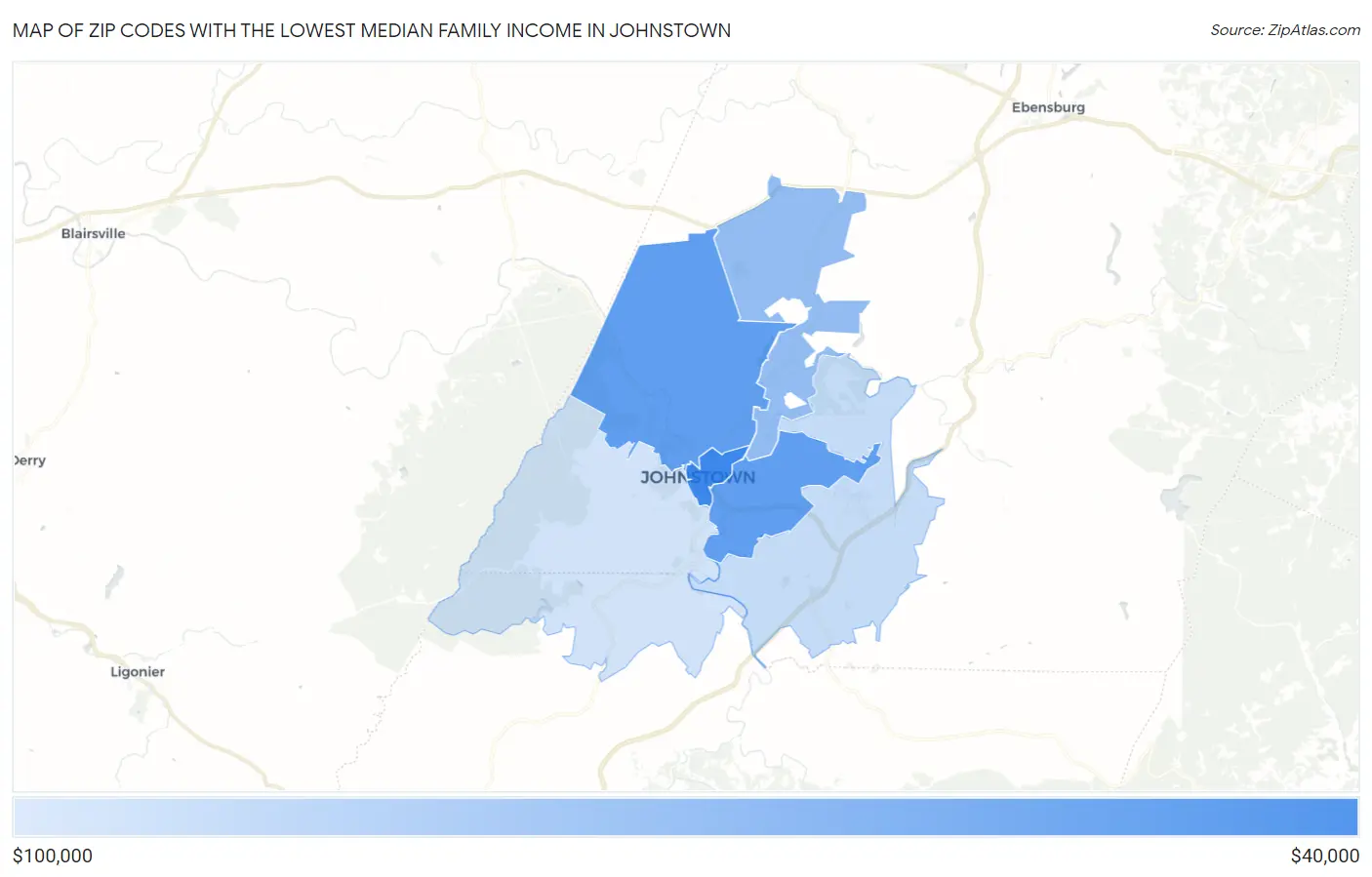 Zip Codes with the Lowest Median Family Income in Johnstown Map