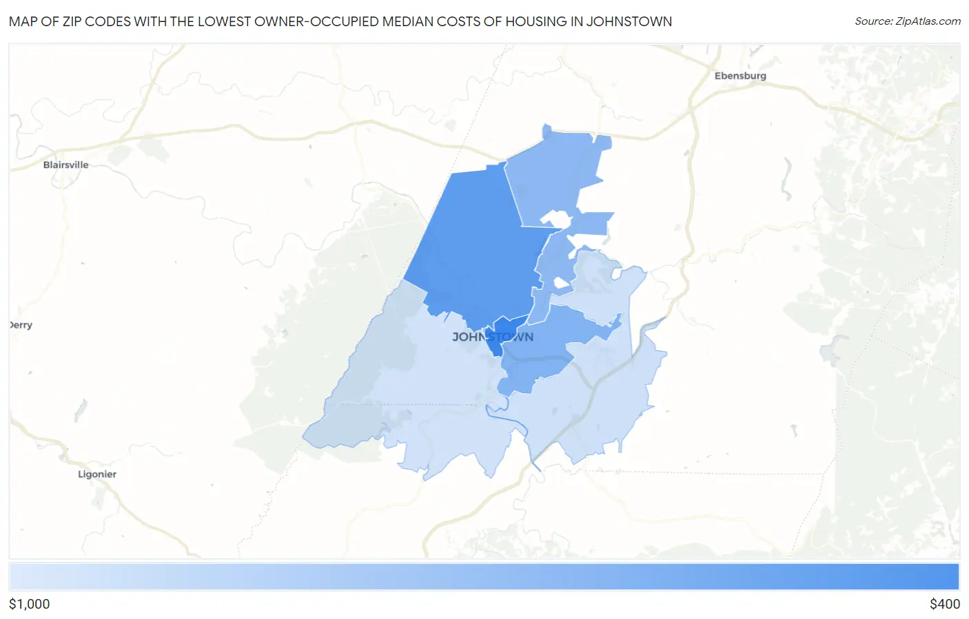 Zip Codes with the Lowest Owner-Occupied Median Costs of Housing in Johnstown Map