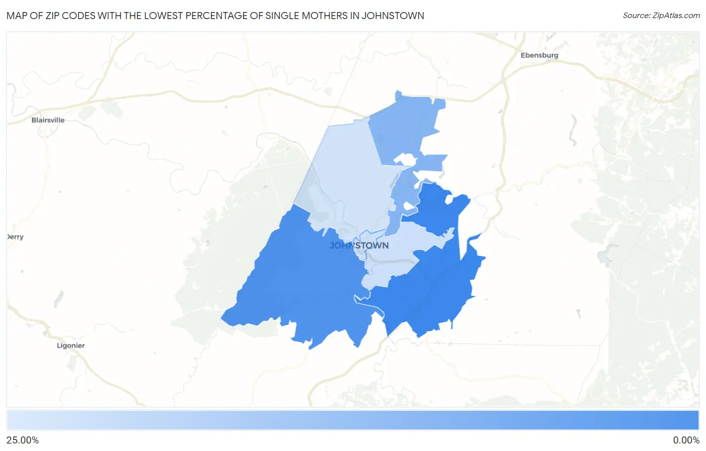 Zip Codes with the Lowest Percentage of Single Mothers in Johnstown Map