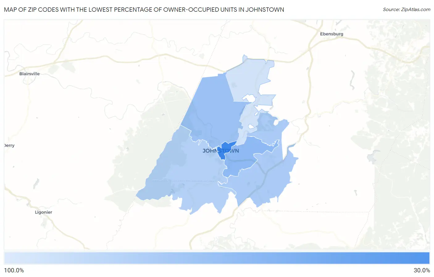Zip Codes with the Lowest Percentage of Owner-Occupied Units in Johnstown Map
