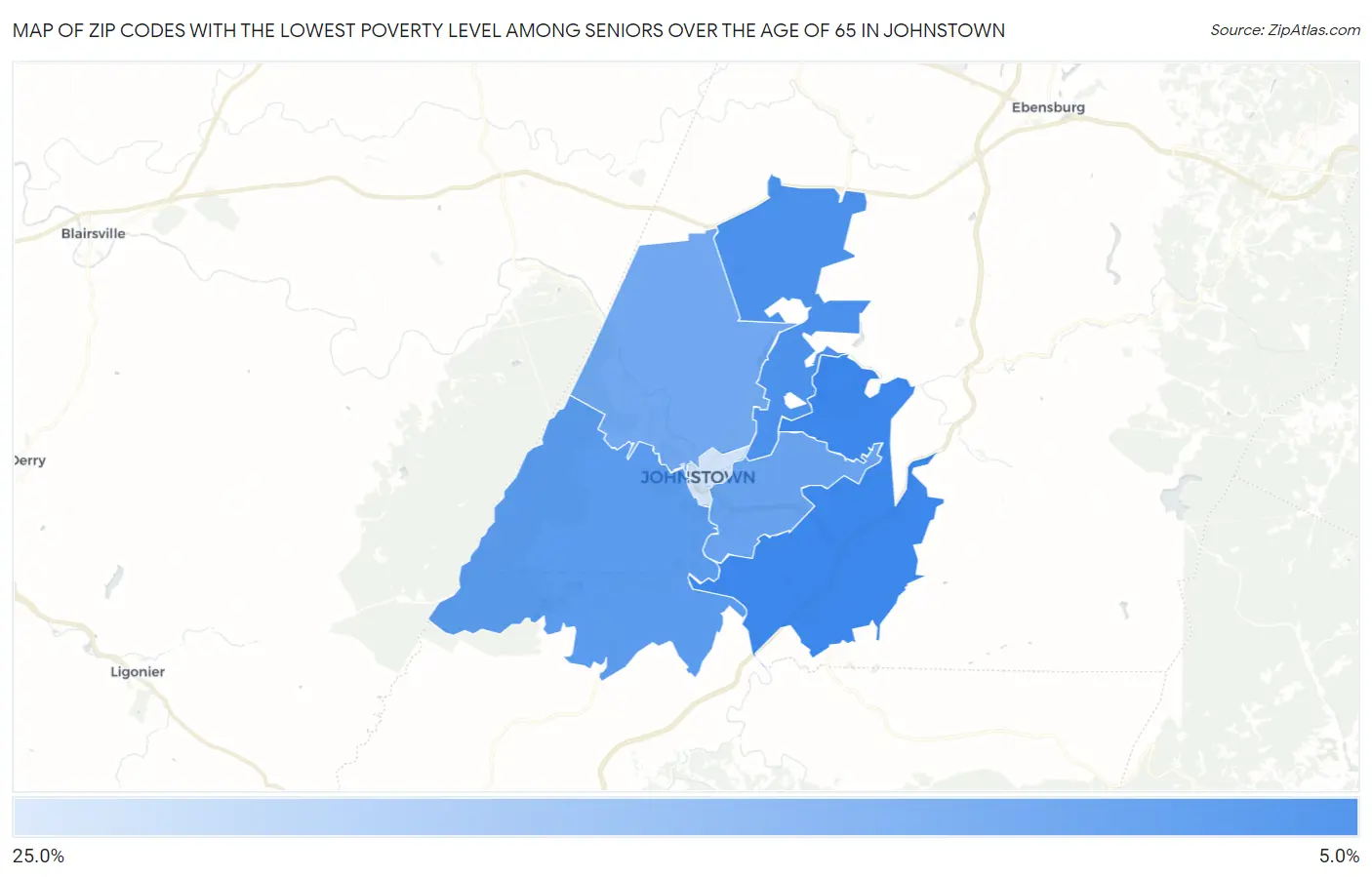 Zip Codes with the Lowest Poverty Level Among Seniors Over the Age of 65 in Johnstown Map