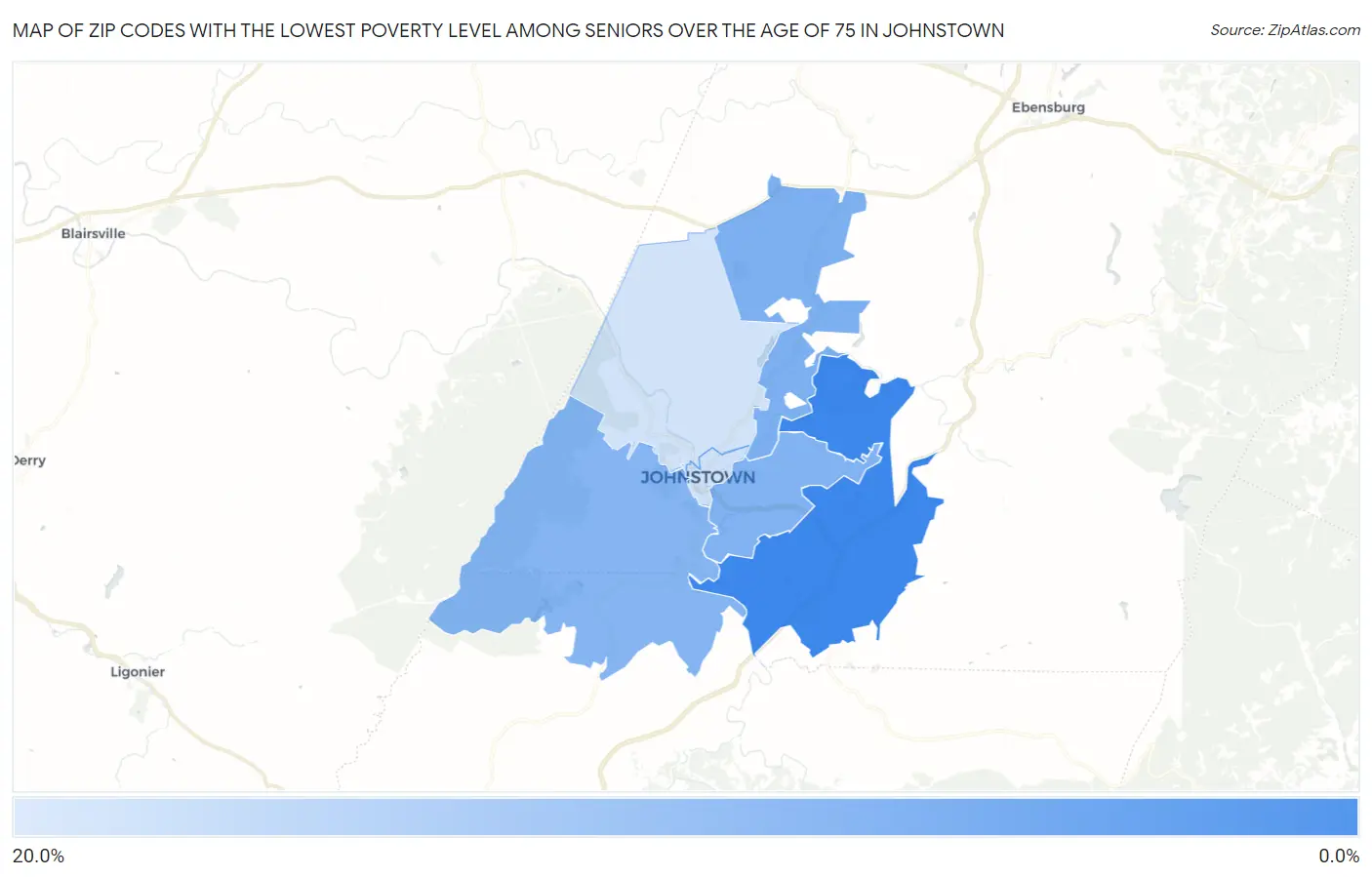 Zip Codes with the Lowest Poverty Level Among Seniors Over the Age of 75 in Johnstown Map