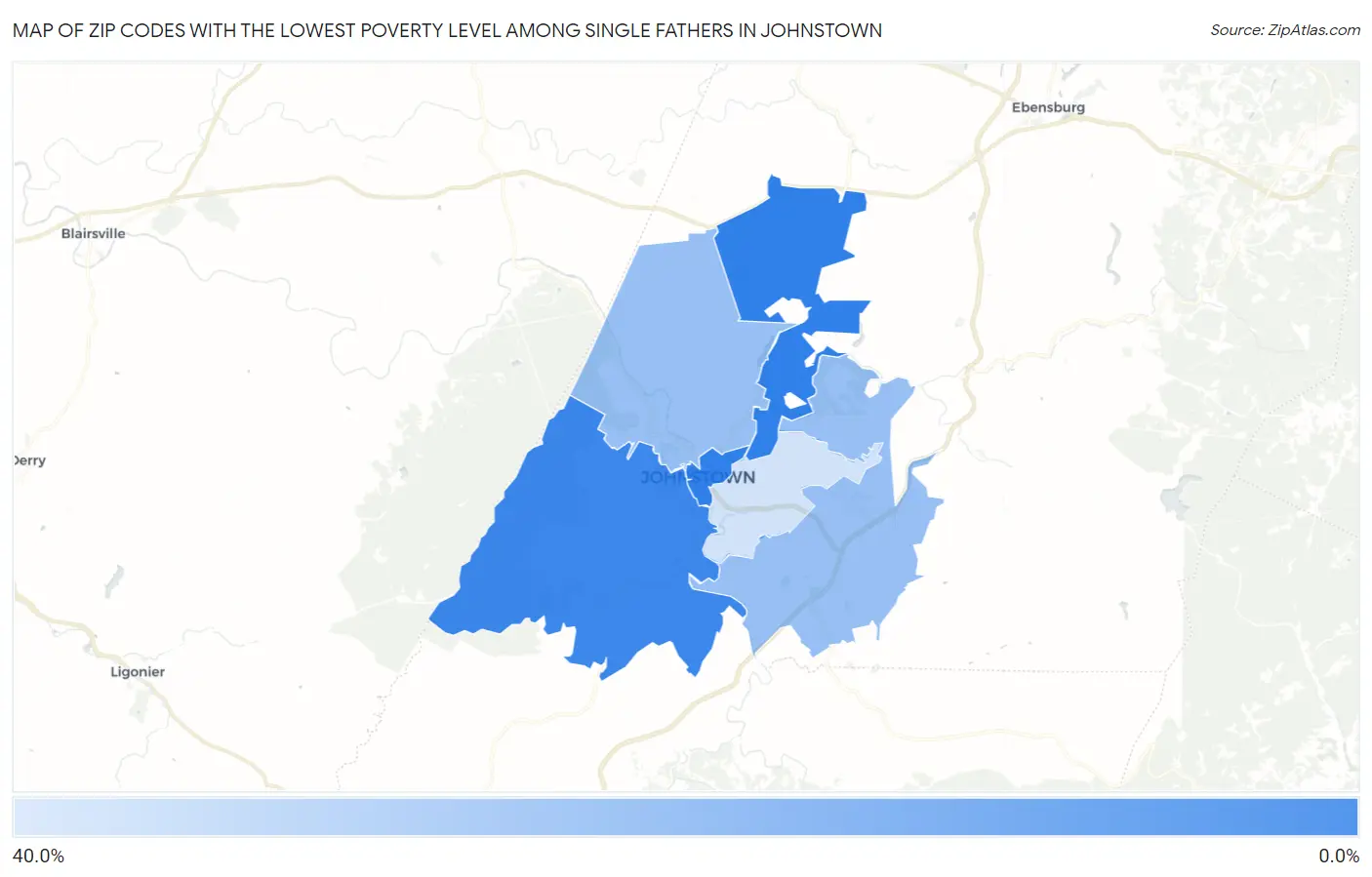 Zip Codes with the Lowest Poverty Level Among Single Fathers in Johnstown Map