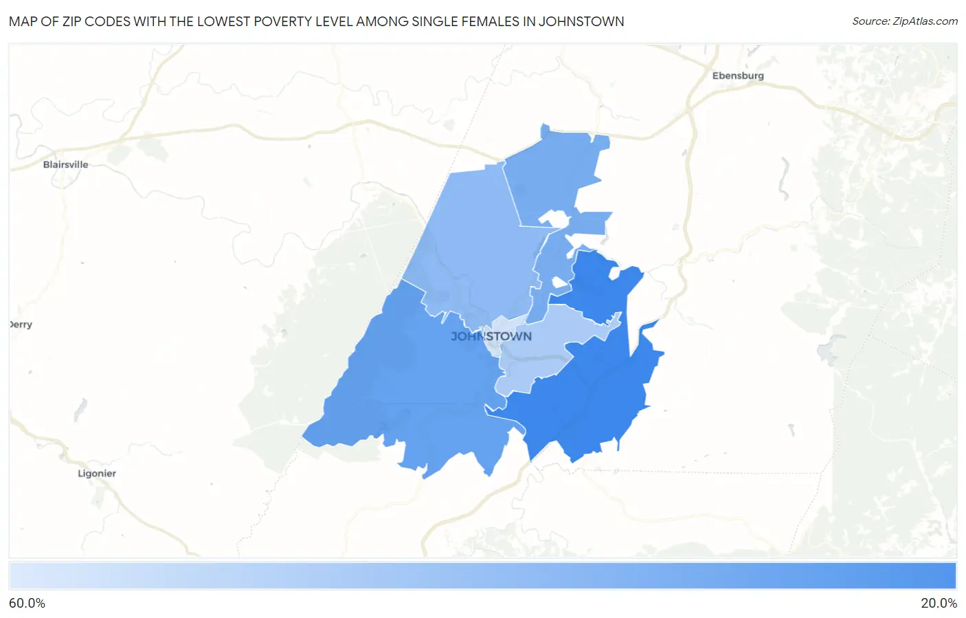 Zip Codes with the Lowest Poverty Level Among Single Females in Johnstown Map