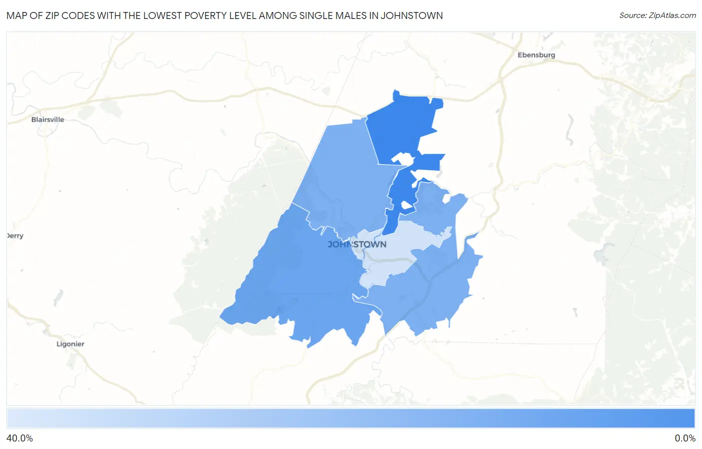 Zip Codes with the Lowest Poverty Level Among Single Males in Johnstown Map