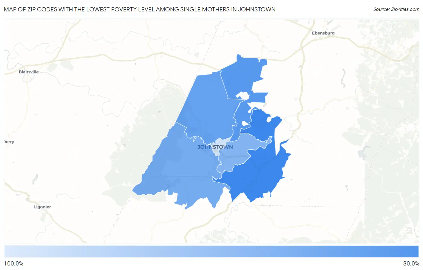 Zip Codes with the Lowest Poverty Level Among Single Mothers in Johnstown Map