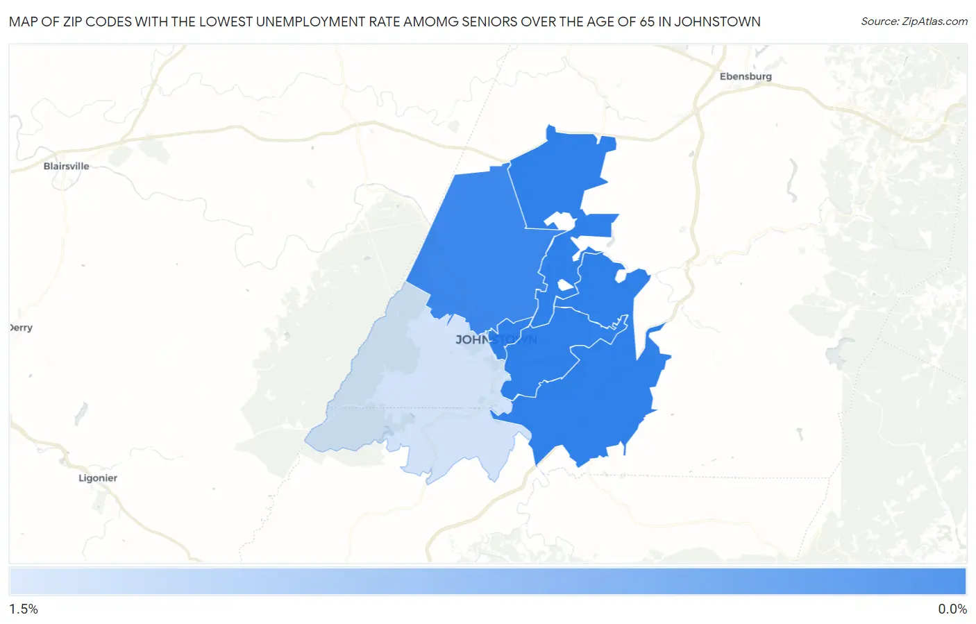 Zip Codes with the Lowest Unemployment Rate Amomg Seniors Over the Age of 65 in Johnstown Map