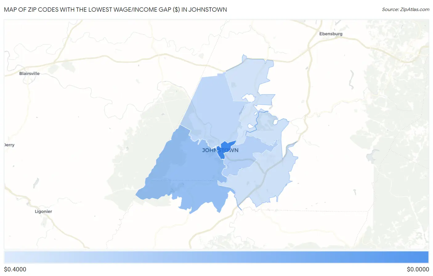 Zip Codes with the Lowest Wage/Income Gap ($) in Johnstown Map