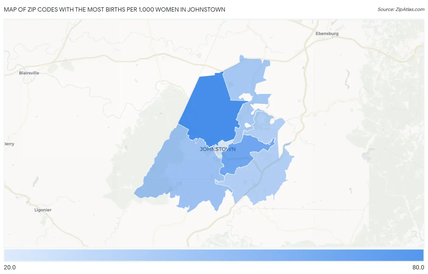 Zip Codes with the Most Births per 1,000 Women in Johnstown Map