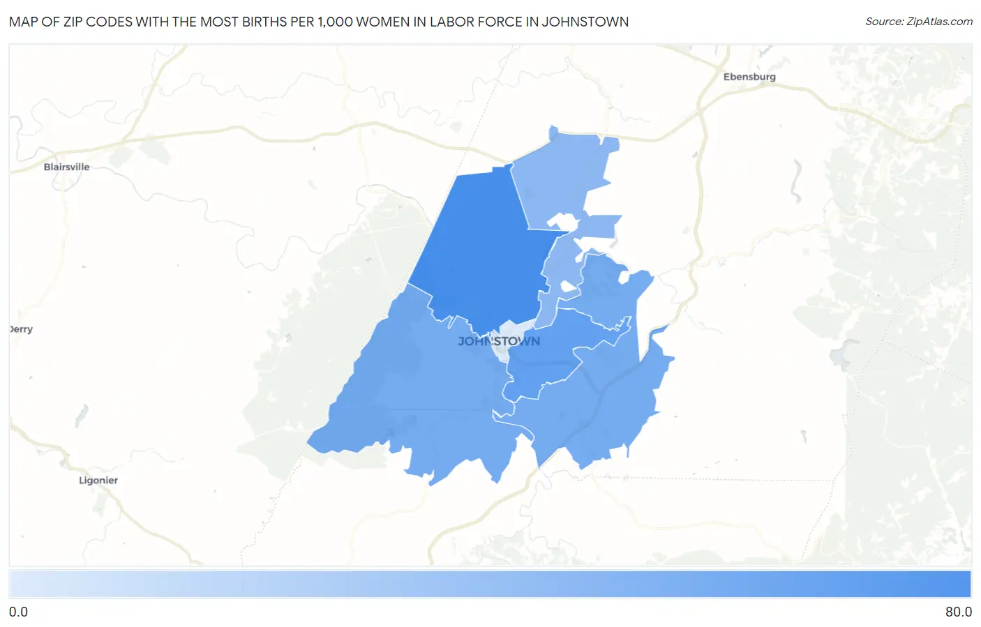Zip Codes with the Most Births per 1,000 Women in Labor Force in Johnstown Map