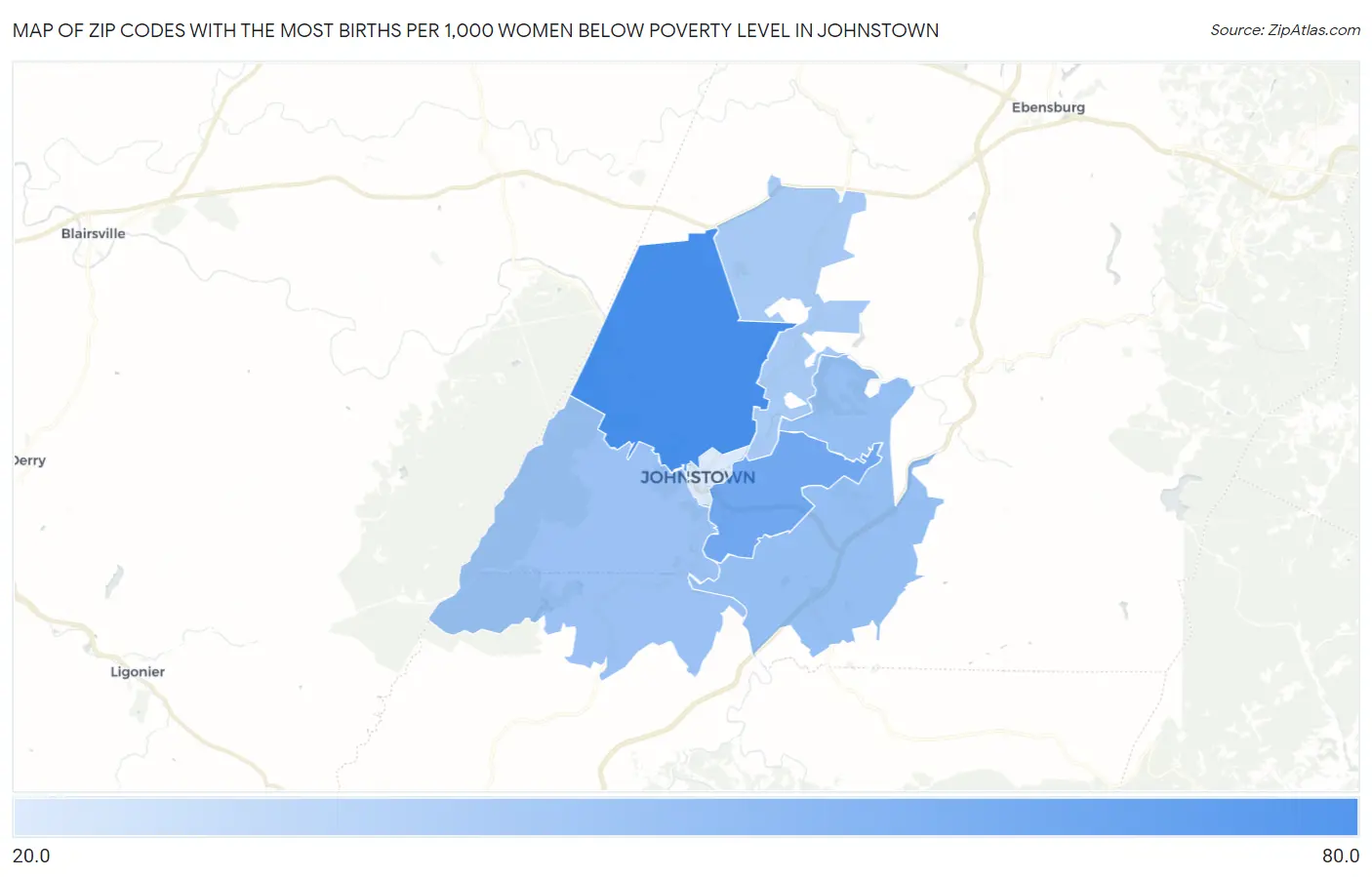 Zip Codes with the Most Births per 1,000 Women Below Poverty Level in Johnstown Map