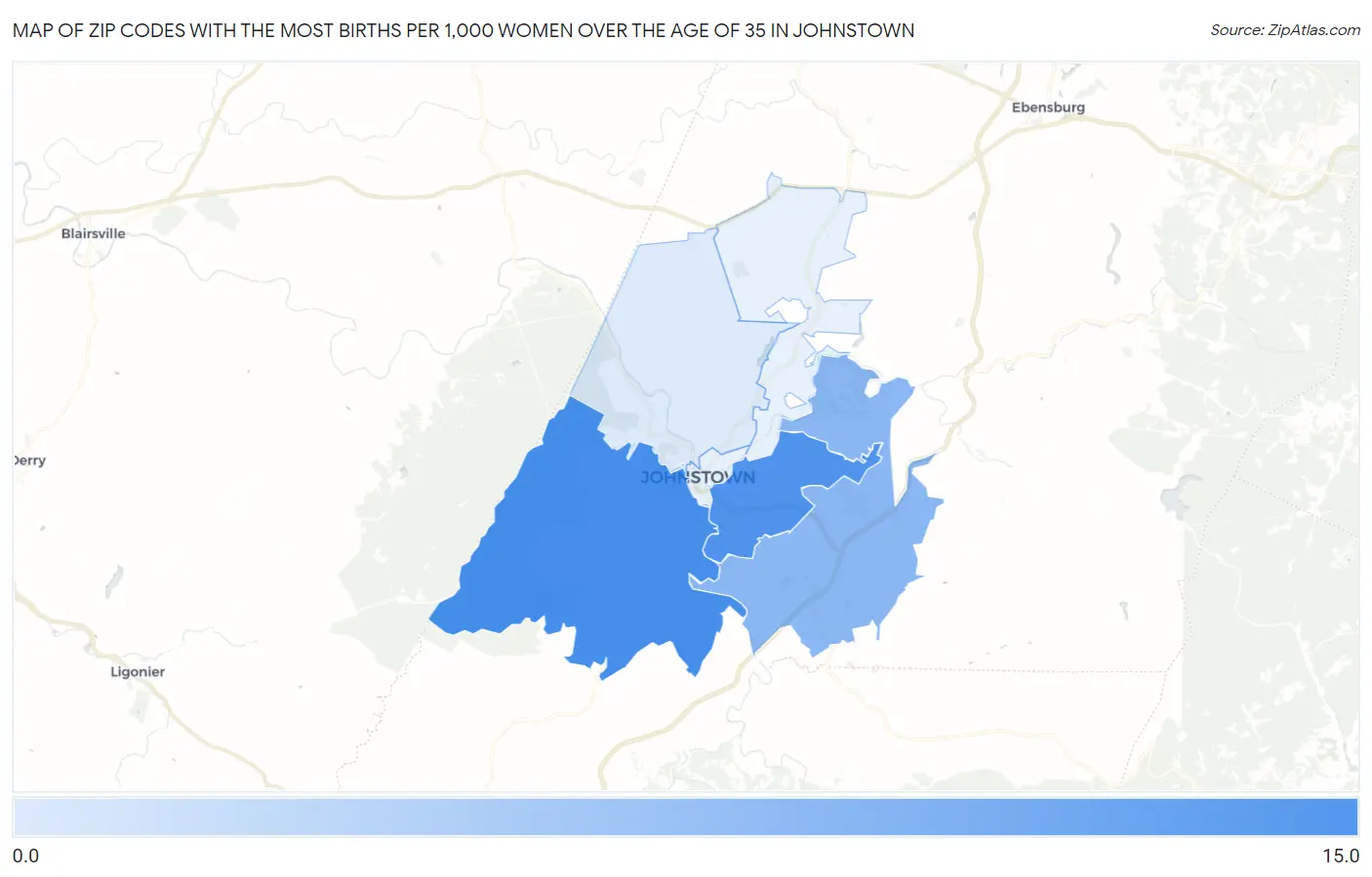 Zip Codes with the Most Births per 1,000 Women Over the Age of 35 in Johnstown Map