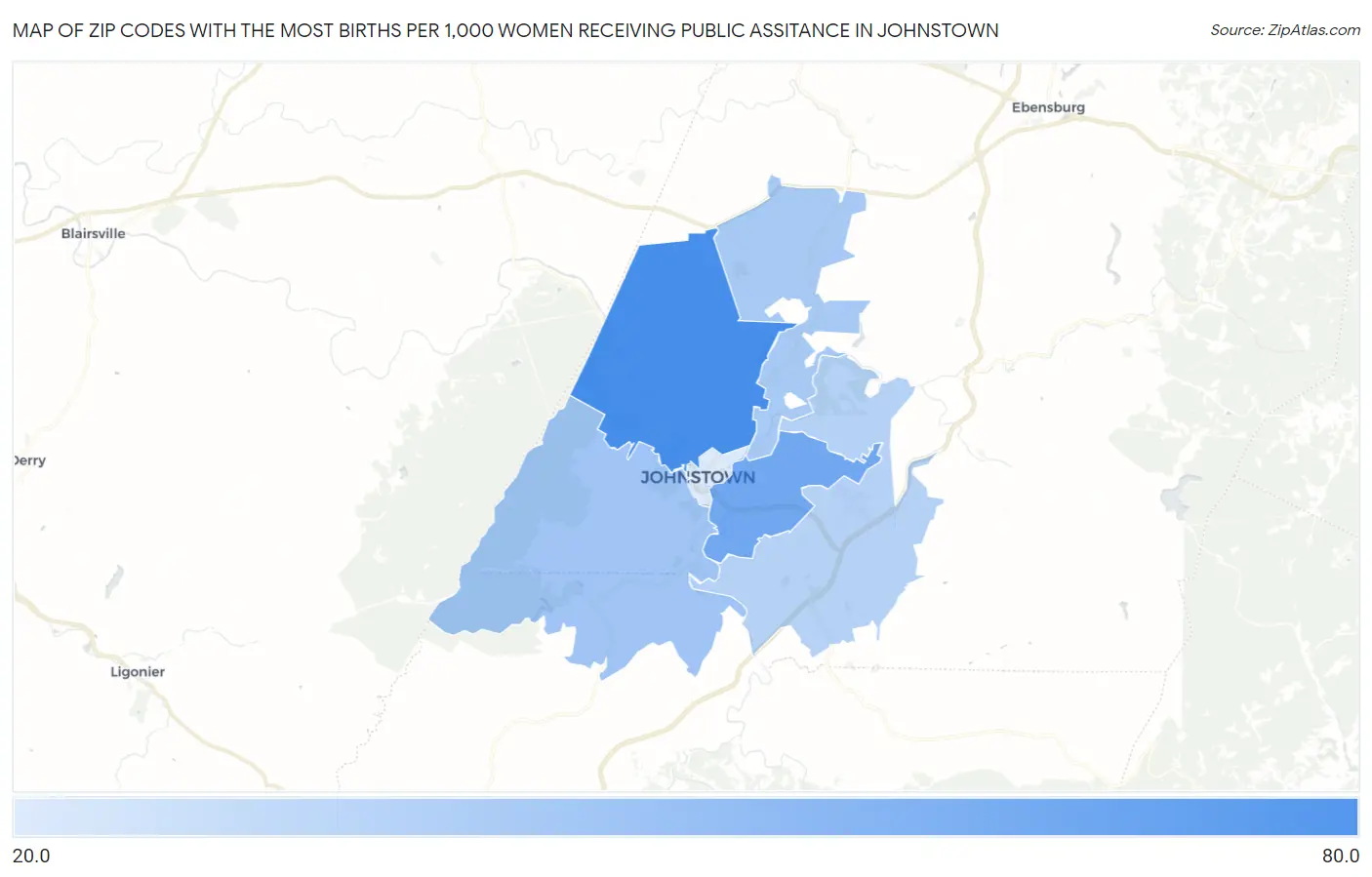 Zip Codes with the Most Births per 1,000 Women Receiving Public Assitance in Johnstown Map