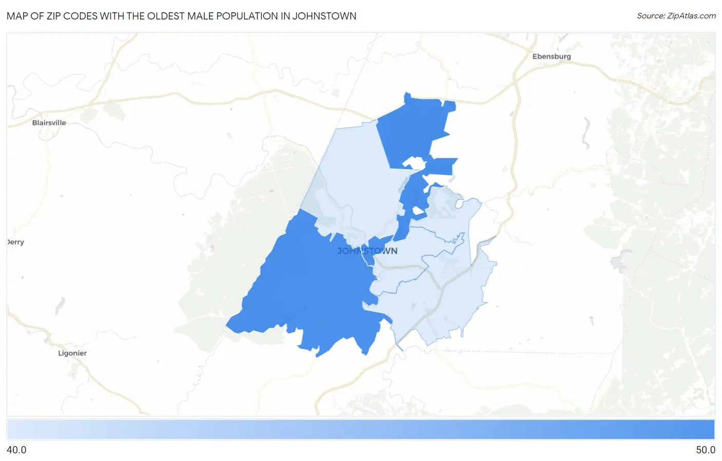 Zip Codes with the Oldest Male Population in Johnstown Map