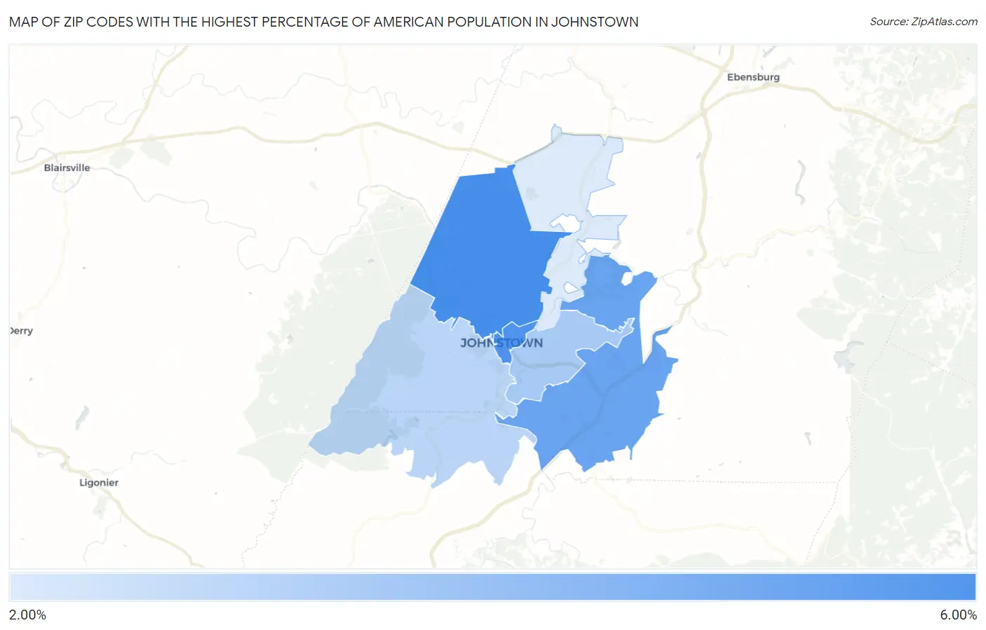 Zip Codes with the Highest Percentage of American Population in Johnstown Map