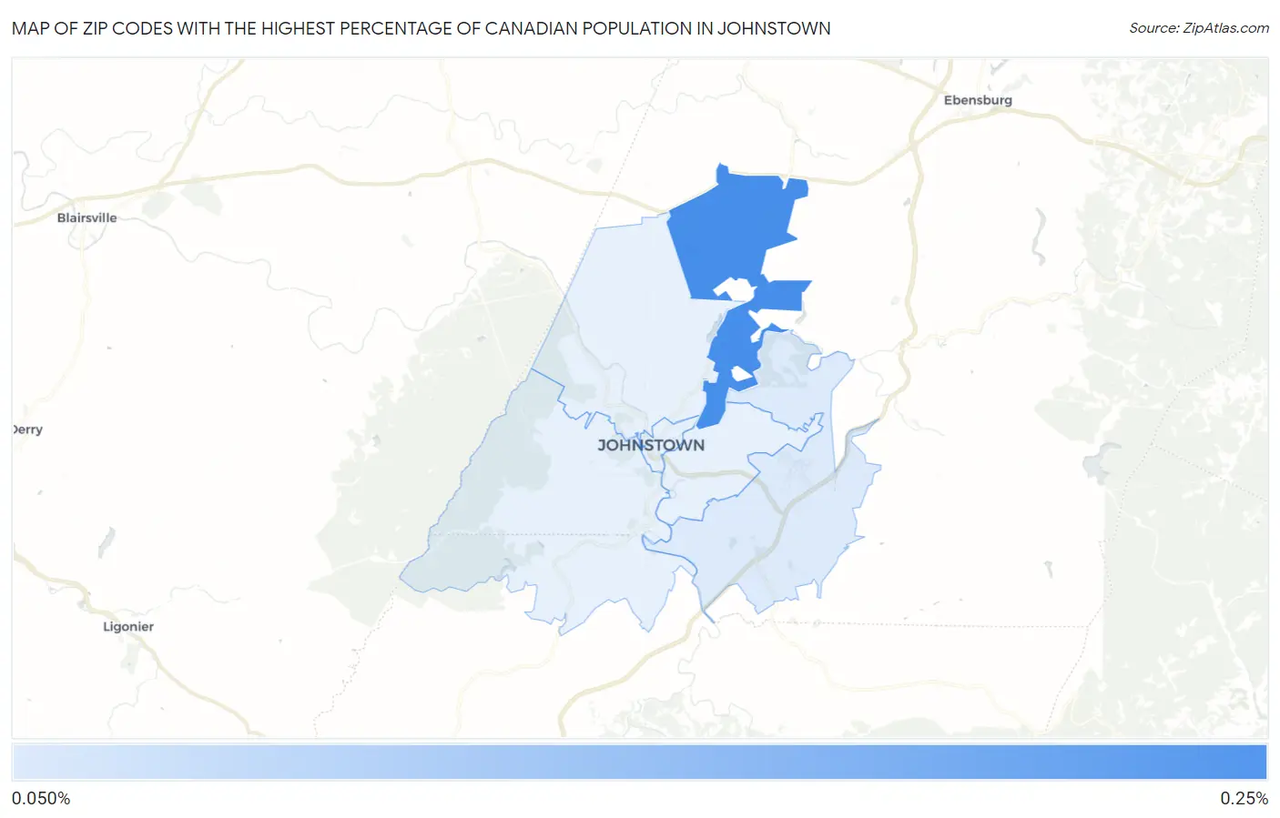 Zip Codes with the Highest Percentage of Canadian Population in Johnstown Map