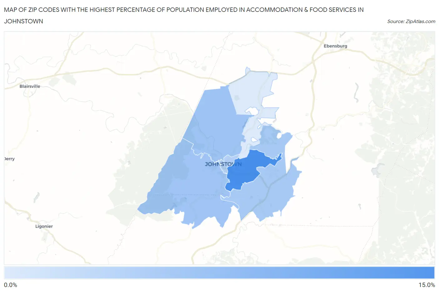 Zip Codes with the Highest Percentage of Population Employed in Accommodation & Food Services in Johnstown Map
