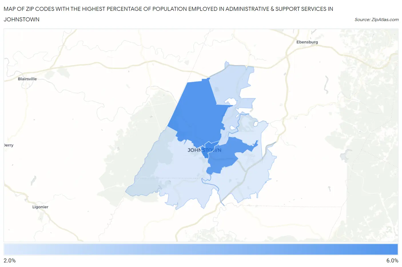 Zip Codes with the Highest Percentage of Population Employed in Administrative & Support Services in Johnstown Map