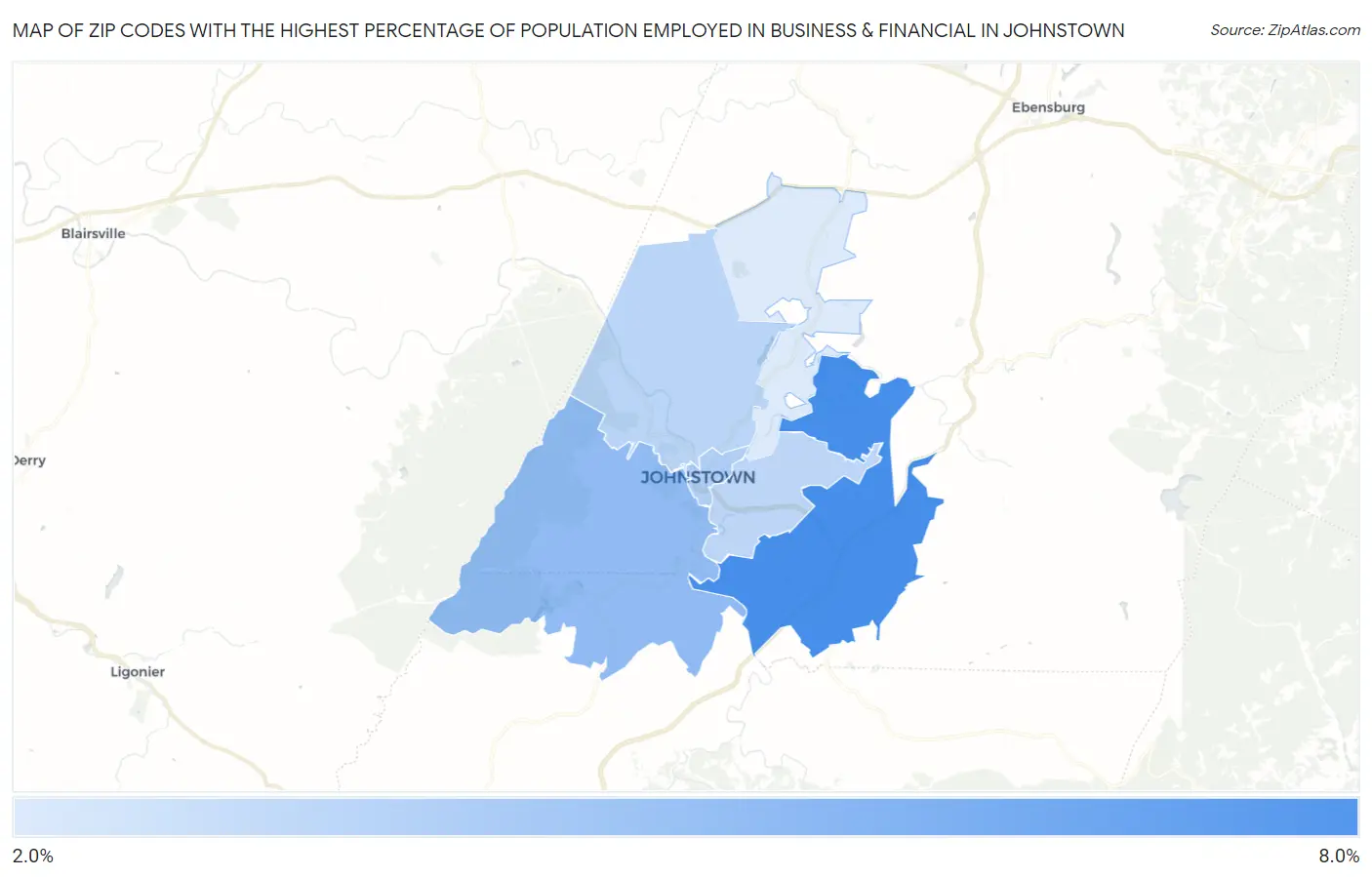 Zip Codes with the Highest Percentage of Population Employed in Business & Financial in Johnstown Map